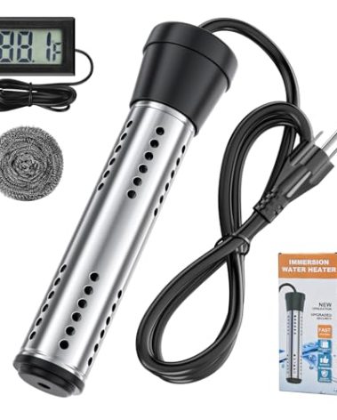 2000W Immersion Water Heater with Dry Burn Protection, Auto Shut-Off - Portable Electric Water Heater with LCD Thermometer 304 SS Guard, Bucket Heater for Camping, Bathtubs, Swimming Pools