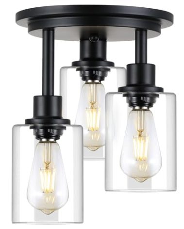 3WWWUEE Semi Flush Mount Ceiling Light,3 Lights Clear Glass Shade, Matte Black Finish,Farmhouse Industrial Rustic Ceiling Light Fixture for Hallway Kitchen Island Entryway Bedroom, E26 Socket,11.2”.