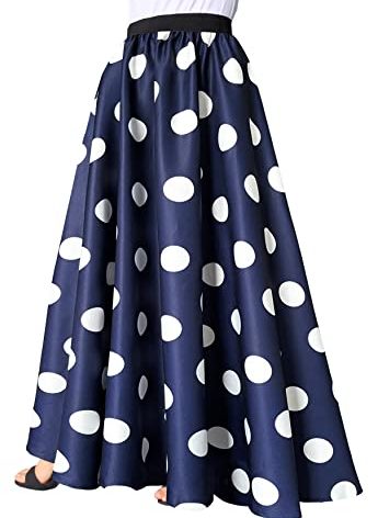 Afibi Women Chiffon Mopping Floor Length Big Hem Solid Beach High-Waist Maxi Skirt (XXX-Large, Navy Dot)