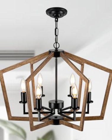 Modern Chandeliers for Dining Room, 23.6" Cage Farmhouse Chandelier Adjustable Height Industrial 6 Lights Black and Wood Grain Chandeliers Pendant Light Fixture for Kitchen Island Entryway Bedroom