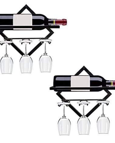 FOSTERSOURCE 2Pcs Wine Rack Wall Mounted Wine Glass Holder Hanging Wine Bottle Organizer Storage for Home Kitchen Bar Decor