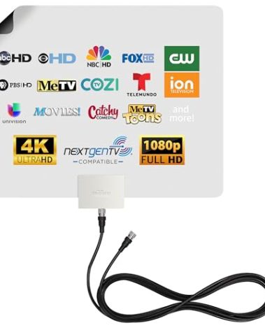 Mohu Leaf Plus Paper-Thin Indoor TV Antenna, Amplified, UHF VHF, 60-Mile Range, Multi-Directional, 4K 8K UHD, NEXTGEN TV - w/ 12 ft. Cable