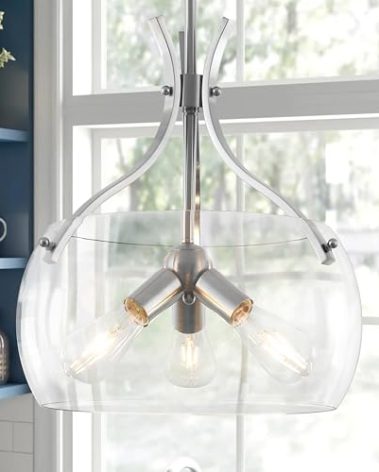 ZLNIDJIA 15.7" Industrial Glass Chandelier, 3-Light Large Farmhouse Chandelier, Brushed Nickel Hanging Pendant Light Fixture with Glass Shade for Dining Room Kitchen Sink Hallway Entryway