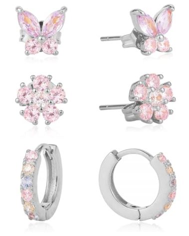 Kenivira Silver Stud Earrings Set for Women,3 Pairs Hoop Stud Cartilage Hypoallergenic Dainty Earrings,Small Cartilage Trendy CZ Earring Jewellery