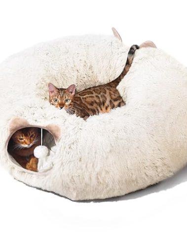 Cat Tunnel with Cat Bed for Indoor Cats, Soft Plush Peekaboo Cat Cave Donut Tunnel, Multifunctional Playground Toys Hideplace for Small Medium Large Kittens, Rabbit, Ferret (Cream White)