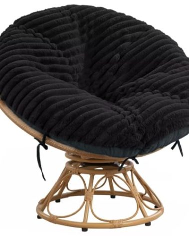 HOMBYS Fluffy Shaggy Cover for Papasan Chair Cushion, Plush Faux Fur Slipcover ONLY, (Without Cushion) Removable Soft Papasan Cushion Covers with 8 Ties, (Black, 55"x55")