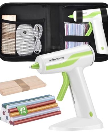 WorkBless 30PCS 0.28'' Hot Glue Gun and Sticks Set, Cordless Hot Glue Gun with 2Ah Rechargeable Battery, Smart Power-Off, Hot Glue Gun with Case,10PCS Wood Craft Sticks for Arts &Crafts, DIY