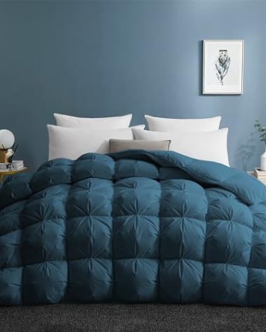 UNIKOME Goose Feather Down Comforter with Pinch Pleat Design - 20% Extra Fill, 116oz, All Season Duvet Insert with Cotton Cover, Cloud-Like Fluffiness Down Fiber Comforters (Navy, Cal King, 108"X94")