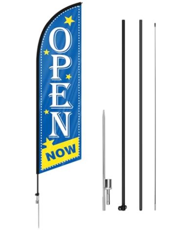 Preboun 1 Set Open Feather Flag Pole Kit 8.53 ft Now Open Flag Tall Grand Opening Advertising Banners with Poles and Ground Spikes Business Double Sided Swooper Sign for Outside House Supplies, Blue