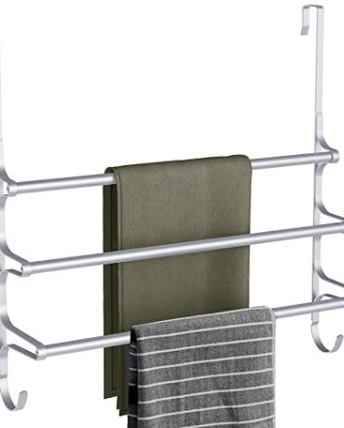 CANYAVE Over The Door Towel Rack, Extendable Triple Towel Storage Holder with Hooks, 24.02 Inches Towel Bar Hanger Towel Racks for Bathroom (Silver)