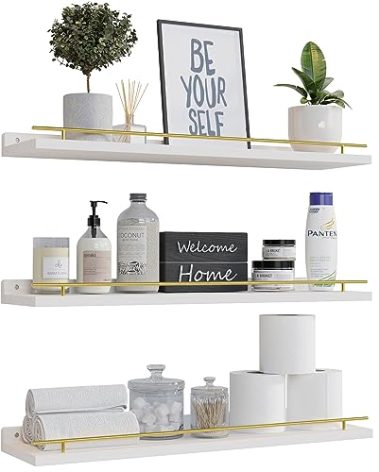 WOPITUES Floating Shelves 24 inch with Gold Metal Guardrail, Shelves for Wall Decor Set of 3, Wall Shelves for Bedroom, Bathroom, Kitchen, Living Room, Plants, Picture Frames, Art- White and Gold