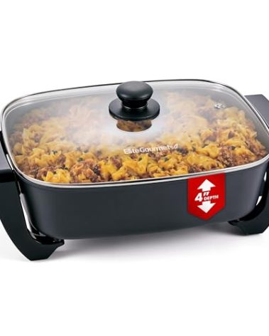 Elite Gourmet EG2615 15" x 12" x 4” Electric Skillet, Durable Xtra Deep Dish, PFAS Free Ceralast™ Ceramic Non-stick, 1500W Rapid Heat, Tempered Glass Vented Lid, Dishwasher Safe, 12.5 Qt., Black/Gray