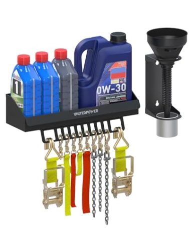 UNITEDPOWER 6 Quart Motor Oil Storage Rack, Bottle Shelf Mount Caddy With Funnel, Enclosed Race Trailer Shop Garage Organizer