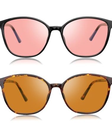 R.F.YFQH 2 Pack Indoor Fluorescent-41 Pink & Outdoor Fluorescent-60 Brown Tinted Blue Light Blocking Glasses for Migraine, Light Sensitivity, Photophobia & LED Gaming Computer Screen Glare JF6208