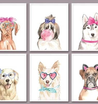 6 PCS Cute Dogs Wall Art Watercolor Girls Room Decor Wall Decor Funny Dog Lover Gifts Unframed Dog Mom Puppy Girly Dog Themed Posters Prints Paintings Artwork for Women Home Bedroom Playroom 8x10 In