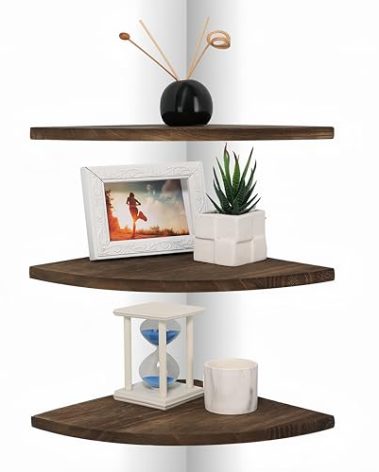 DUICIRX Corner Wall Shelves, Wood Corner Floating Shelves with Cable Raceway, Wall Mount Storage Display for TV Accessories, Monitor, Speaker (Carbonized Dark Brown, Fan-Shaped- 10 Inch)