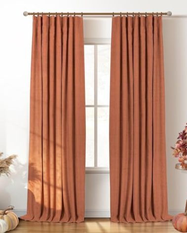 INOVADAY 100% Blackout Curtains for Bedroom, Black Out Curtains 63 Inch Long, Clip Rings Linen Blackout Drapes, Thermal Insulated Room Darkening for Living Room, 2 Panels - Orange,W50xL63