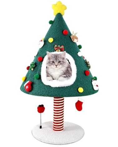 PuzzlePaw Chirstmas Cat Tree,Cat Christmas Tree Tower with Scratching Post for Indoor Large Cats,Xmas Party Decoration Kitten Activity Center Play House Bed with Santa Sock Toys