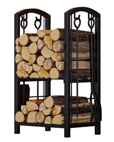 Fire Beauty Fireplace Firewood Log Rack 5-Piece Storage Logs Holder with Tools Set with 4 Tools Set Fireside Holders Wood Lumber Storage Stacking Black