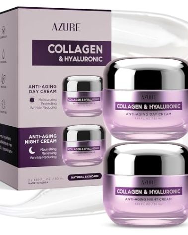 Azure Cosmetics Collagen & Hyaluronic Acid Face Moisturizer - Dermatologist Tested, Anti-Aging Cream for Fine Lines & Wrinkles - Ultra Hydrating Face Cream - Korean Skin Care - Day & Night Duo Set