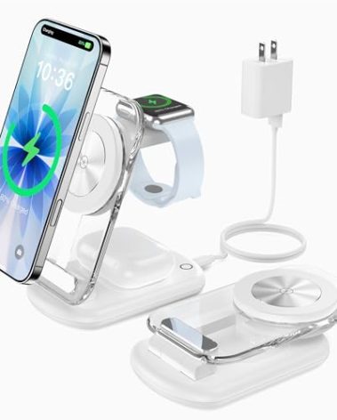 3 in 1 Magnetic Wireless Charging Station for Apple Devices, Fast Foldable Travel Mag-Safe Charger Stand with Night Light for iPhone 17 16 15 14 13 12 Series, Apple Watch/AirPods Pro, White