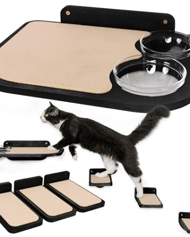 INICIO Cat Wall Shelves – Dog Proof Feeding Station with Wall Mounted Shelves, Durable 3 Step Birch Floating Shelf for Cats Up to 15lbs, Includes Attached Cat Food Bowl for Convenient Feeding – Black