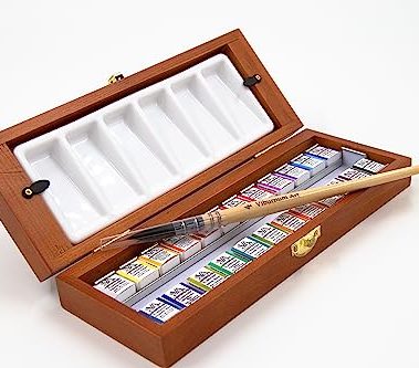 Viburnum Art Professional Watercolor Paint Set - 24 Half Pan Highly Pigmented Transparent Water Color Paints with #4 Synthetic Water color Brush, Mixing Palette & Wooden Box Gift Watercolor Kit