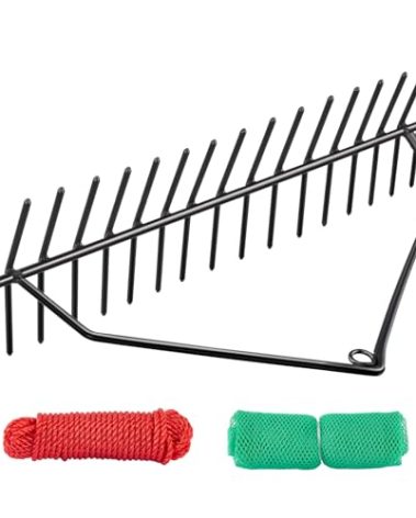 KEMETIK 32" Adjustable Angle Heavy Duty Steel Pound & Lake Rake – Lake Weed Cutter with 30ft Thickened Rope & Net, Aquatic Weed Rake for Reed/Lily/Cattail Removal Cutting Tool