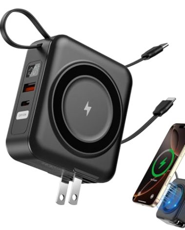 for Magsafe Portable Charger with AC Wall Plug, 6-in-1 Magnetic Wireless Power Bank 10000mAh Built-in Cables, 22.5W Type-C in&Out Fast Charging Battery Pack for iPhone17/16/15/14/13/12 Series, Black