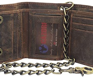 Men's RFID Blocking Trifold Vintage Leather Biker Chain Wallet With Snap Closure (Brown)