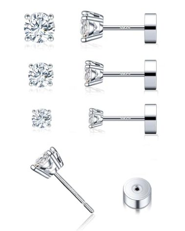 3 Pairs Moissanite Flatback Stud Earrings for Women, 925 Sterling Silver Hypoallergenic Flat Back Cartilage Earrings Set, 18K White Gold Plated (3,4,5mm)