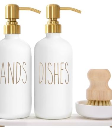 MOMEEMO Gold Soap Dispenser Set Comes with Stainless Steel Pumps, Instant Dry Tray, and Dish Scrub Brush, Suitable for Kitchen Decor and Accessories. (Gold)