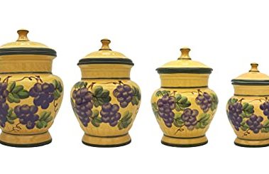 ACK Tuscany Grape Hand Painted Ceramic 4PCs Canister Set with Lid, Kitchen Storage Jar, Food Storage Container, Airtight Storage Container With Rubber Seal
