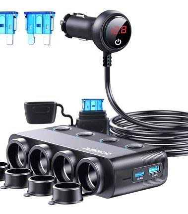 Cigarette Lighter Splitter 216W 4 Socket Car Cigarette Lighter Adapter Heavy Duty Truck Car USB Chager Multi Port USB C 12V/24V Independent Switches & Dust Cover & Waterproof for Car Devices