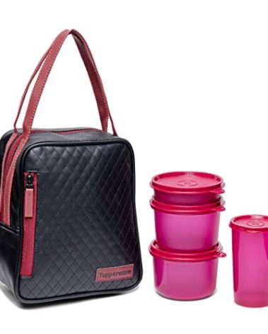 Tupperware Plastic Elegant Lunch Set for Women (Pink) - Contains 4 Bowls and 1 Lunch Bag
