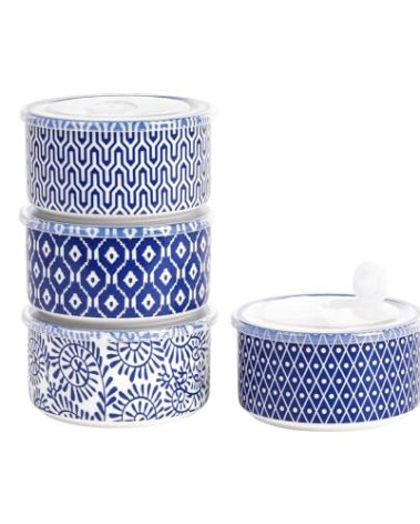 Selamica Ceramic Bowls with Lids,14 OZ Small Serving Bowls with Lids for Lunch Picnic Microwave Safe, 5 Inch Kitchen Food Storage Bowls Set of 4 for Prep, Salad, Pasta, Cereal, Vintage Blue