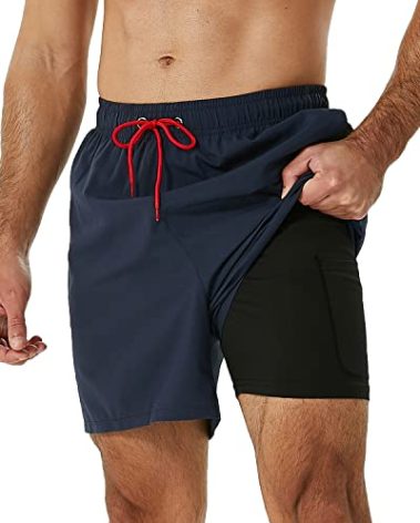 SILKWORLD Mens Swimming Trunks with Compression Liner 2 in 1 Quick-Dry Swim Shorts with Zipper Pockets Navy