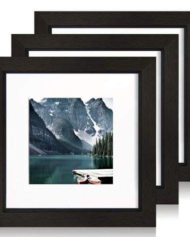 Hongkee 6x6 Black Picture Frames set of 3, Made of Wooden and Real Glass Square Photo frame - Displays 4x4 Picture With Mat or 6 x 6 Without Mat, Desktop & Wall Collage Frame set