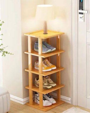 Bamboo Shoe Rack 5Tier- Vertical Shoe Rack for Small Spaces, Tall Narrow Shoe Rack Organizer for Closet Entryway Corner Garage and Bedroom,Skinny Shoe Shelf with Free Stackable DIY