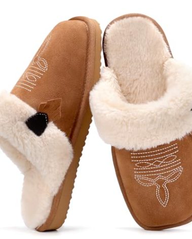 OOW Wide Fuzzy House Slippers for Women with Memory Foam Comfy Cozy Bedroom Fluffy Western Cowgirl Boot Slippers Indoor Outdoor Square Toe CH