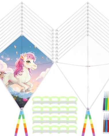 Toyosport 20 Pack DIY Blank Kites, Paper Kites Bulk with 16 Pcs Watercolor Pens and 98 ft Kite String Kite Making Craft Kits for Kids Girls Boys Outdoor Park Beach Grassland Activities, Wihte