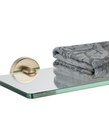 JQK Bathroom Glass Shelf, Tempered Glass Shower Storage 20 by 5 inches, 304 Stainless Steel Champagne Bronze Wall Mount, TGS101L20-CB