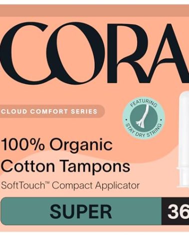 Cora Organic Applicator Tampons | Super Absorbency | 100% Organic Cotton, Unscented, BPA-Free Compact Applicator | Leak Protection, Easy Insertion | Packaging May Vary | 36 Total