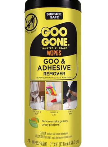 Goo Gone Clean Up Wipes Adhesive Remover - 24 Count - Removes Adhesive Residue Labels Stickers Crayon Tree Sap Gum Masking Tape Glue and More