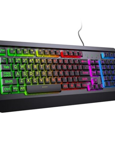 Acebaff Gaming Computer Keyboard with Large Print Keys, 104 Keys All-Metal Panel, Rainbow LED Backlit, Wrist Rest, Multimedia, Anti-Ghosting, Waterproof Light Up Wired Keyboard for PC Mac Gamer