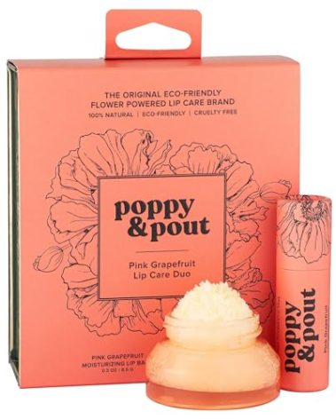 Poppy & Pout Lip Care Set | Lip Balm & Scrub | Sustainable Cardboard Tubes & Glass Jars, All Natural, Beeswax, Coconut Oil, Cruelty Free, Exfoliating & Moisturizing Lip Treatment (Pink Grapefruit)