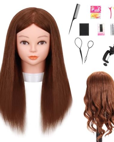 YODIDI Mannequin Head with 100% Human Hair, Manikin Head Human Hair Cosmetology Doll Head for Hair Styling Hairdresser Practice Braiding with Table Clamp Stand and Tools (100%-Brown)