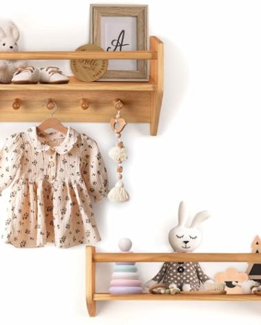 BINGY Nursery Book Shelves - Set of 2 Wall Shelves with Hooks for Clothes - 2-Tier Nursery Bookshelves Made from Solid Wood - 15.71" x 4.8" x 5.5" - Natural Wood