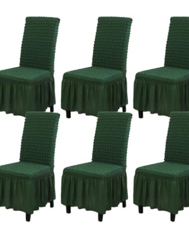 Rakila Stretch Washable Chair Covers for Dining Room Set of 6 Removable Chair Covers with Skirt Kitchen Chair Protector Cover (Dark Green, 6 Pack)