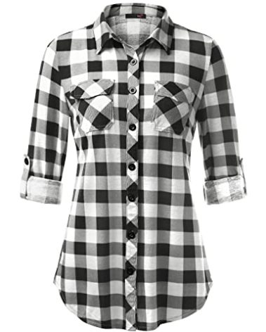 DJT Womens Soft Stretchy Knit Plaid Shirts Roll Up Long Sleeve Collared Button Down Blouses Tops X-Large Black-White